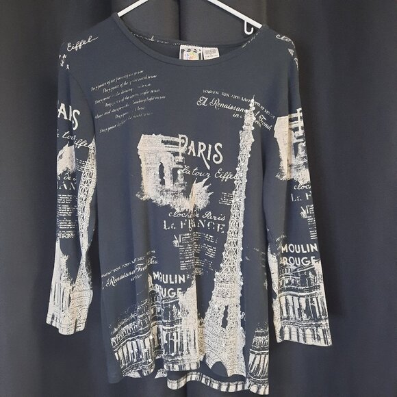 Women's Y2K Round Neck Long Sleeve Paris Themed Top Size Large Vintage Clothing - Picture 1 of 7